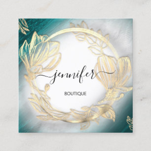 Floral Frame QR Code Logo Gold Aquamarin Grau Quadratische Visitenkarte