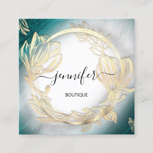 Floral Frame QR Code Logo Gold Aquamarin Grau Quadratische Visitenkarte (Vorderseite)