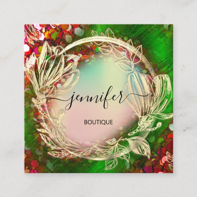 Floral Frame QR Code Logo Gold Red Holographic Quadratische Visitenkarte (Vorderseite)