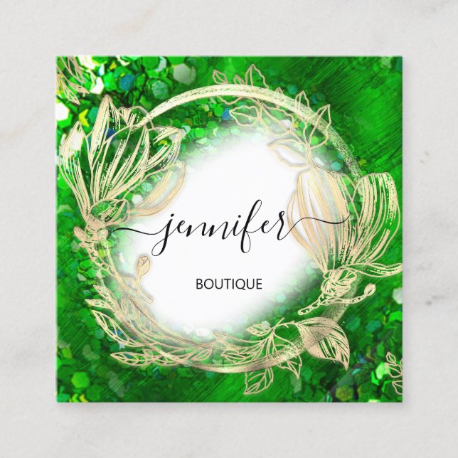 Floral Frame QR Code Logo Gold Tropengrün Quadratische Visitenkarte (Vorderseite)