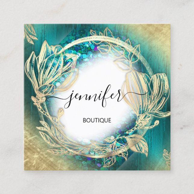 Floral Frame QR-Logo Gold Aquamarin Blue Quadratische Visitenkarte (Vorderseite)
