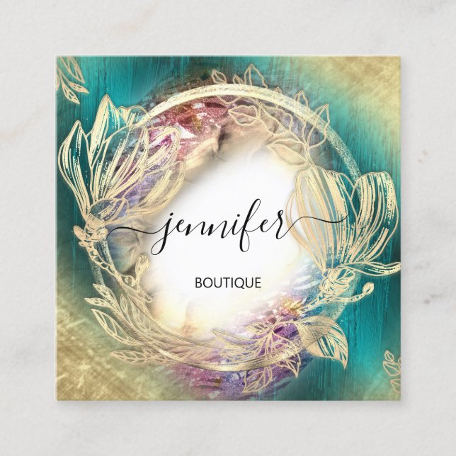 Floral Frame QR-Logo Gold Aquamariner grüner Platz Quadratische Visitenkarte (Vorderseite)