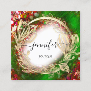 Floral Frame QR-Logo Gold Red Green Royal Quadratische Visitenkarte