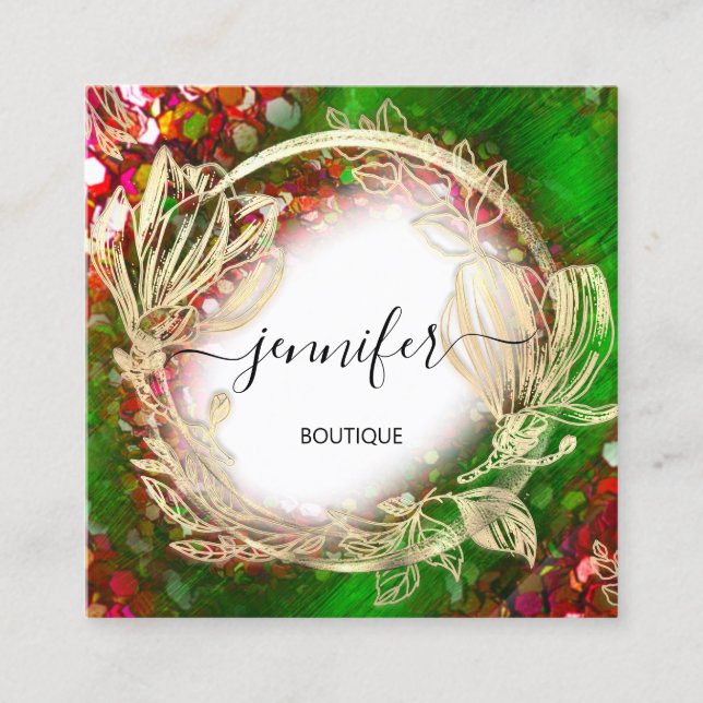Floral Frame QR-Logo Gold Red Green Royal Quadratische Visitenkarte (Vorderseite)