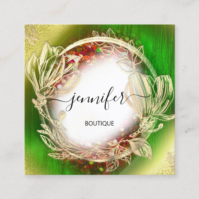 Floral Frame QR-Logo Gold Rot Grün Quadratische Visitenkarte (Vorderseite)