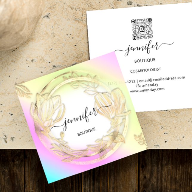 Floral Frame QRCode Logo Gold Ombre Pink Quadratische Visitenkarte (Floral Frame QRCode Logo Gold Ombre Pink Square Business Card)