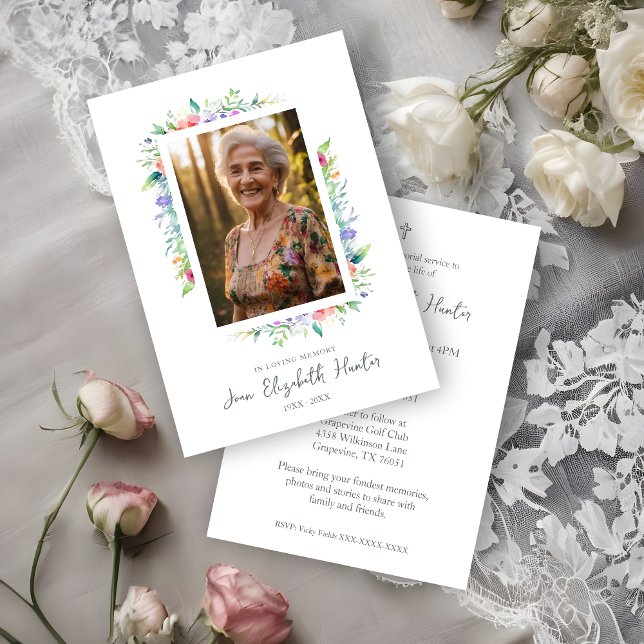 Floral Frame Traditional Elegant Funeral Photo  Einladung (Floral Frame Traditional Elegant Funeral Photo Invitation Card.)