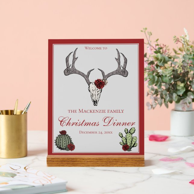 Floral frohe Weihnachten Hirschkopf Schädelkaktus Acrylschild (Hochzeit)