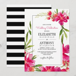 Floral Fuchsia Grün Black Stripes Wedding Einladung