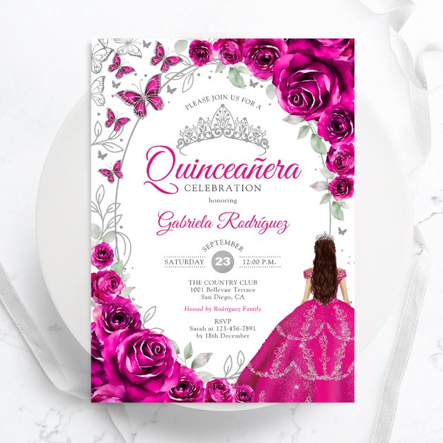 Floral Fuchsia Rosa Silber Quinceanera Einladung (Von Creator hochgeladen)