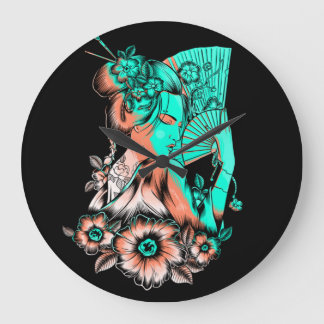 Floral Gaisha Illustration Große Wanduhr