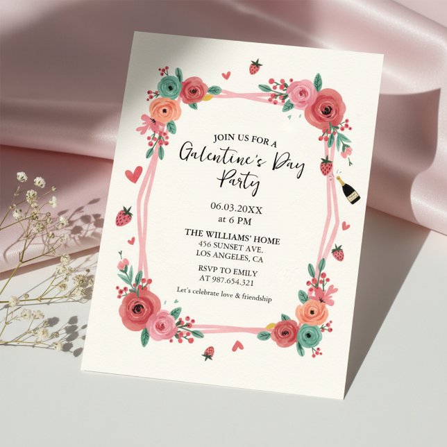 Floral Galentines Day Party Pink Invitation Einladung (Celebrate friendship with this elegant Galentine's Day party invitation)