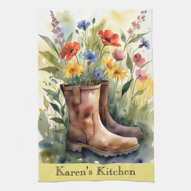 Floral Garden Boots and Wildflowers Kitchen Towel Geschirrtuch (Vertikal)