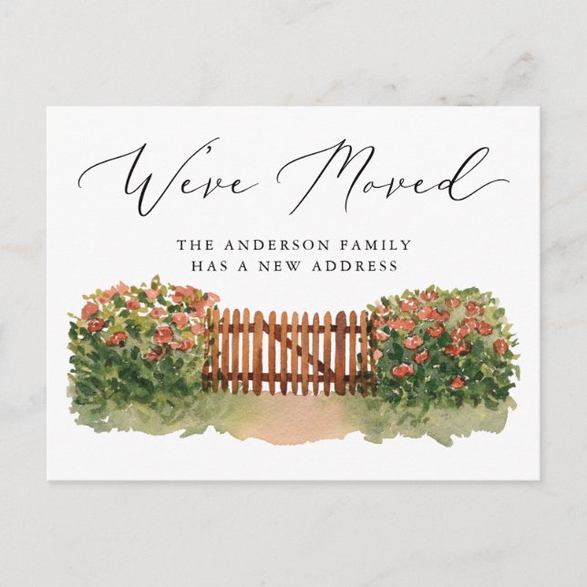 Floral Garden Gate Moving Ankündigungspostkarte (Vorderseite)