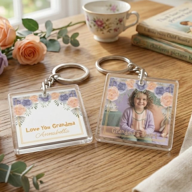 Floral Garden Grandma Photo Keychain Schlüsselanhänger (Floral Grandmother Photo Keychain)