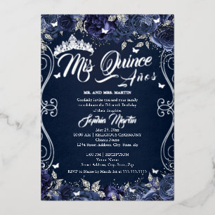 Floral Garden Marine Silver Mis Quince Quinceanera Folieneinladung