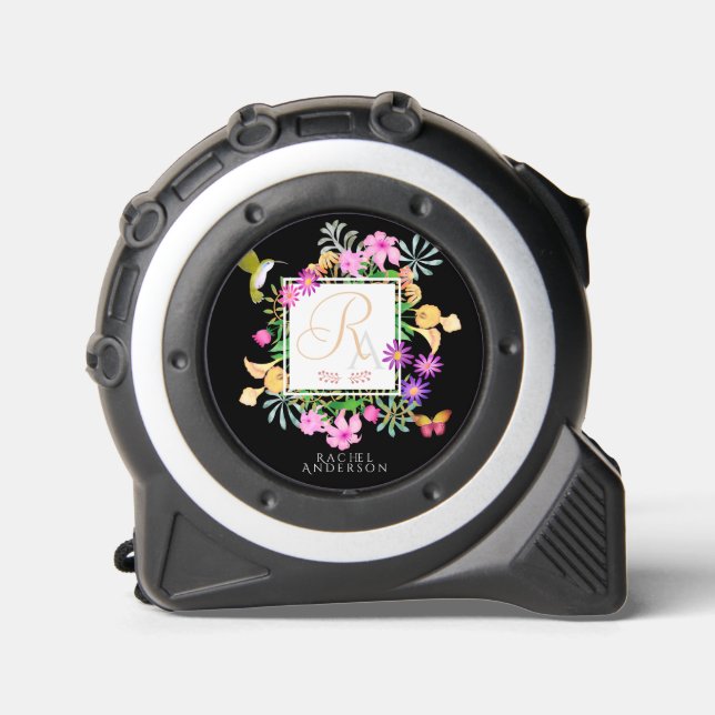 Floral Garden Monogram Black Maßband (Vorderseite)