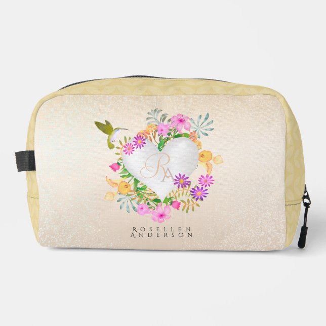 Floral Garden Monogram Heart Beige Waschbeutel (Vorderseite)