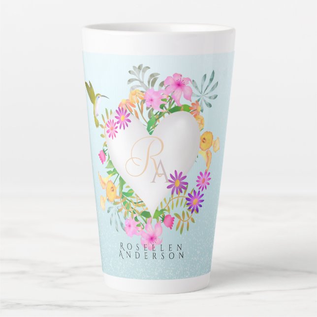 Floral Garden Monogram Heart Blue Milchtasse (Vorderseite)