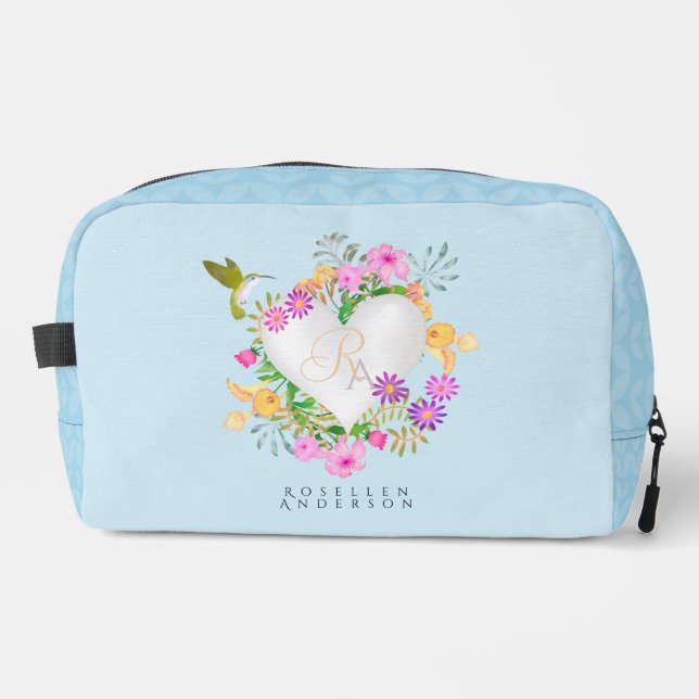 Floral Garden Monogram Heart Blue Waschbeutel (Vorderseite)
