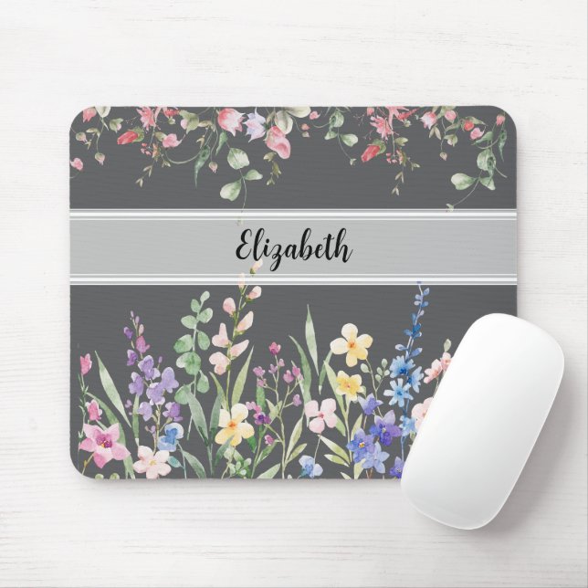 Floral Garden Monogram Script Dunkelgrau Mousepad (Mit Mouse)