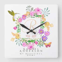 Floral Garden Monogram White Quadratische Wanduhr