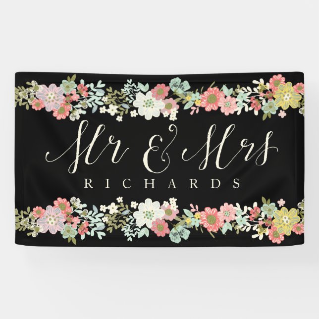 Floral Garden Mr. & Mrs. Wedding Script Banner (Horizontal)