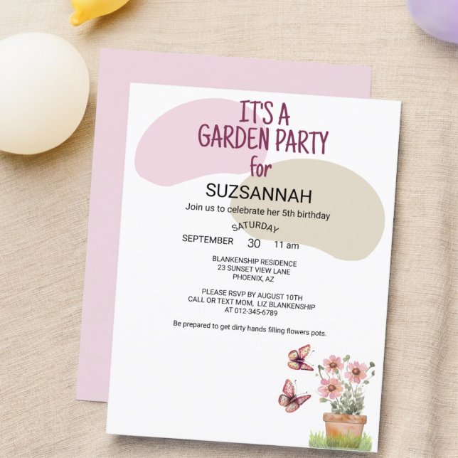 Floral Garden Schmetterlinge Libellen Libellen Was Einladung (front and back garden party invitation template)