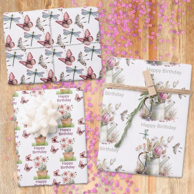 Floral Garden Schmetterlinge Libellen Libellen Was Geschenkpapier Set (This three sheet gift wrap offers a floral, butterfly and dragonfly design for any occasion.)