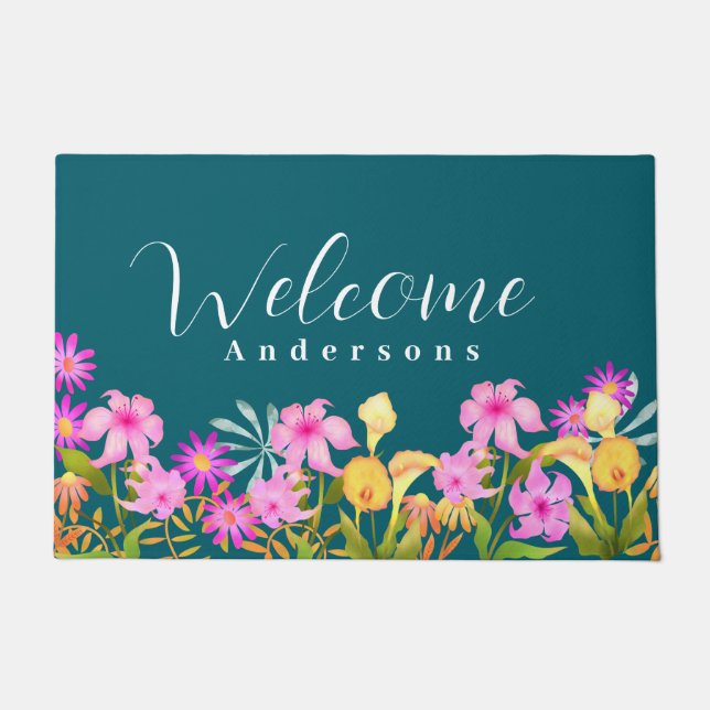 Floral Garden Teal Welcome Fußmatte (Vorderseite)