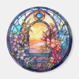 Floral Garland with Sunset Faux Stained-Glass Magnet