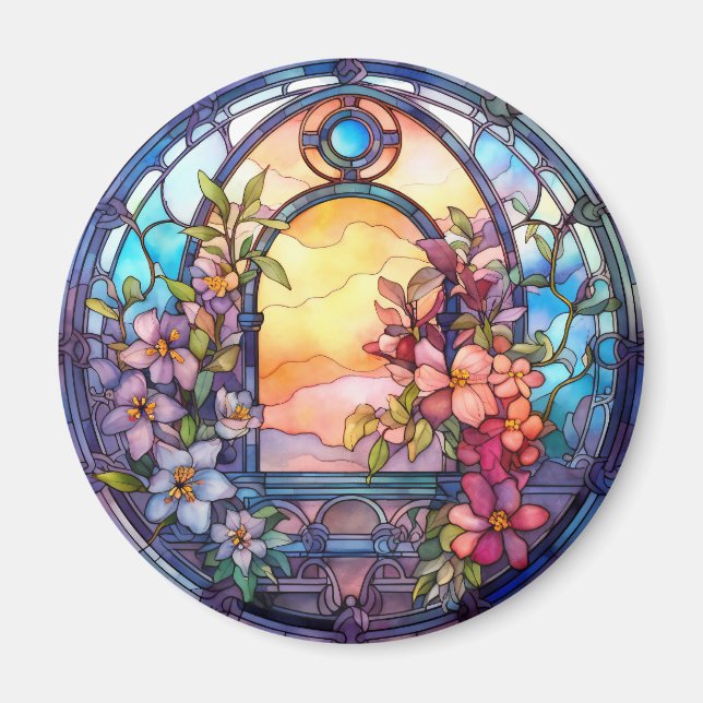 Floral Garland with Sunset Faux Stained-Glass Magnet (Vorne)