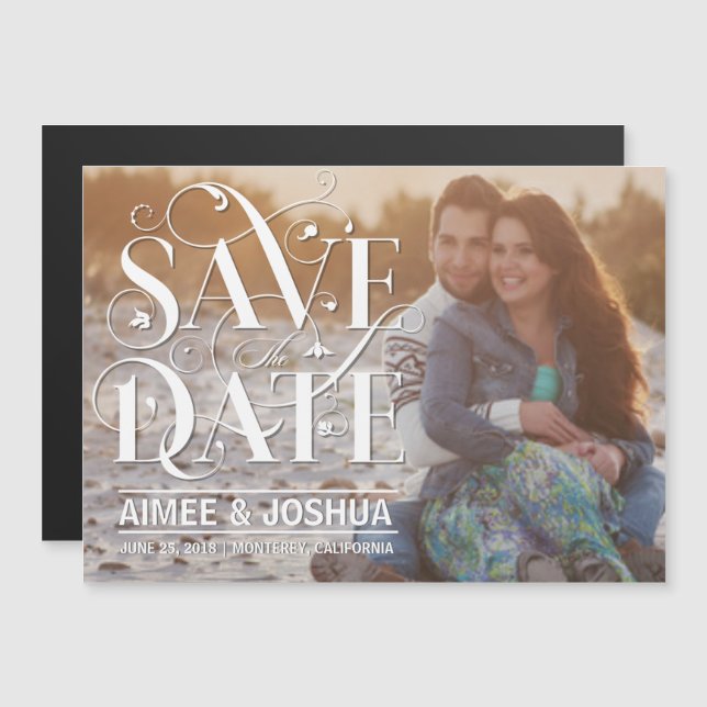 Floral Geblüht Typografie Foto Magneteinladung (Vorne/Hinten)