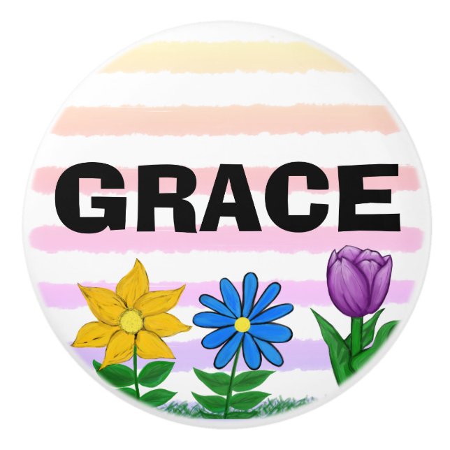 Floral Gelb Blau Lila Aquarellfarben Streifen Name Keramikknauf (Vorderseite)