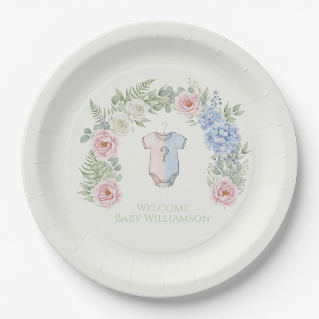 Floral Gender Reveal Party Plate Pappteller (Vorderseite)