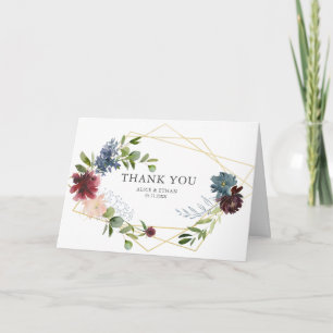Floral Geometric Blue Burgundy Wedding Vielen Dank Dankeskarte