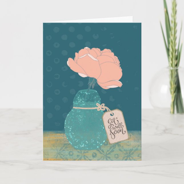Floral “Get Well Soon” Card with Teal Vase  Karte (Vorderseite)