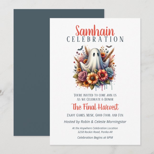 Floral Ghost Samhain Harvest Halloween-Party Einladung (Vorne/Hinten)