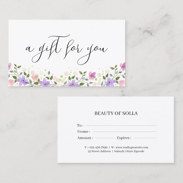 Floral Gift Certificate Card for Small Businesses Visitenkarte (Vorne/Hinten)