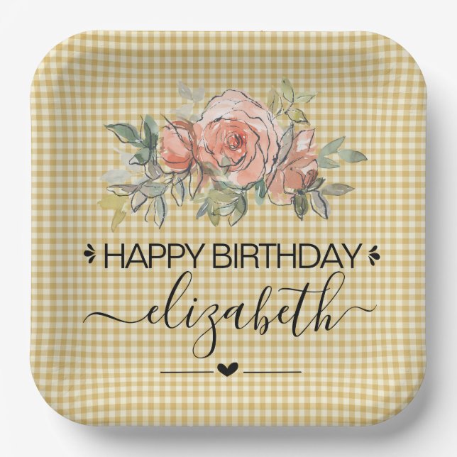 Floral Gingham Kariert Happy Birthday Paper Teller (Vorderseite)