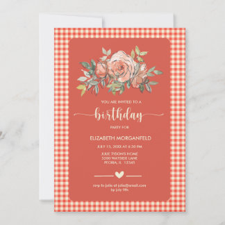 Floral Gingham Kariert Happy Birthday Party Einladung