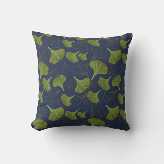 Floral Gingko Leaf blaues Muster Kissen (Vorderseite)