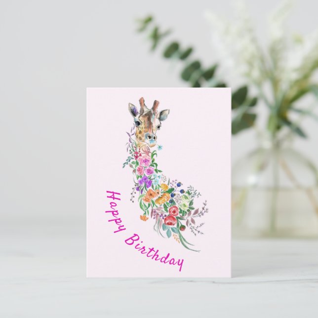 Floral Giraffe Geburtstagskarte Postkarte (Stehend Vorderseite)