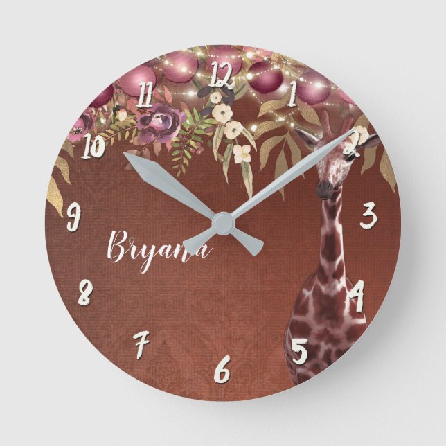Floral Giraffe Rustic Brown Chic Personalisiert Runde Wanduhr (Vorderseite)