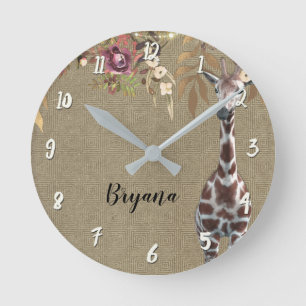 Floral Giraffe Rustic Brown Chic Personalized Runde Wanduhr
