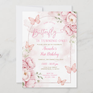 Floral Girl Butterfly wird Eins Geburtstag Einladung