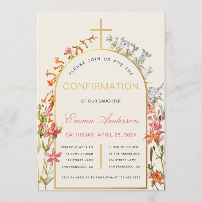 Floral Girl Confirmation Gold Arch and Wildflowers Einladung (Vorderseite)