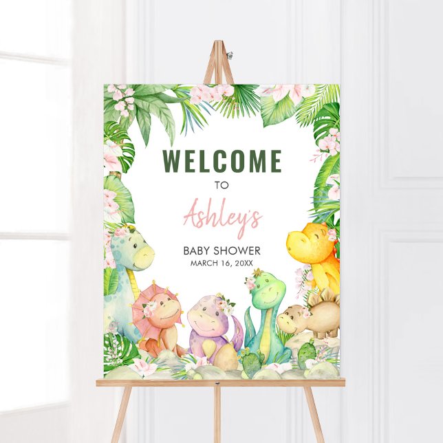 Floral Girl Dinosaur Babydusche Willkommen Poster (Greenery Dinosaur Baby Shower Welcome Sign)