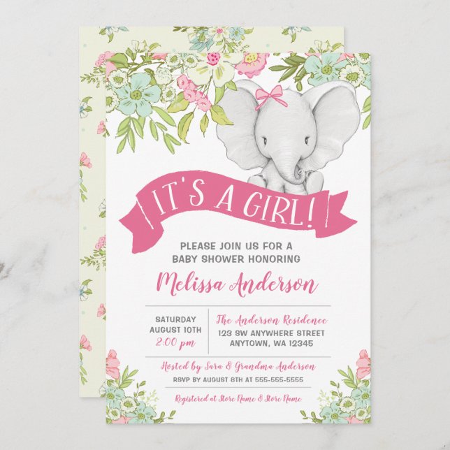 Floral Girl Elephant Baby Shower Einladungen (Vorne/Hinten)