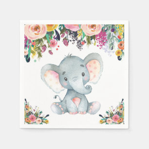 Floral Girl Elephant Babydusche Pink Napkins Serviette